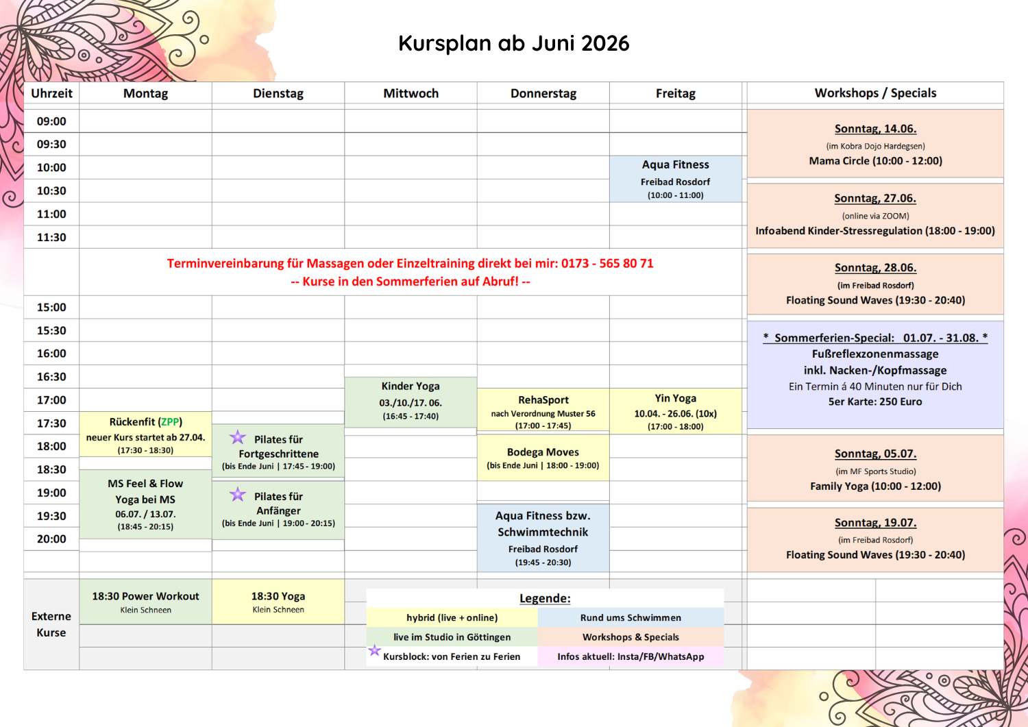 Der ab Januar 2025 gültige Kursplan von MF Sports.